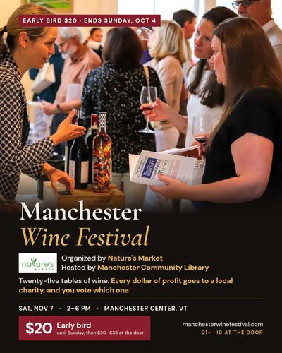 Dark early-bird ad: $20 until Sunday, Oct 4, over a photo of guests at a wine table.