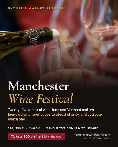 Dark ad, Nature's Market presents, over a photo of wine being poured.