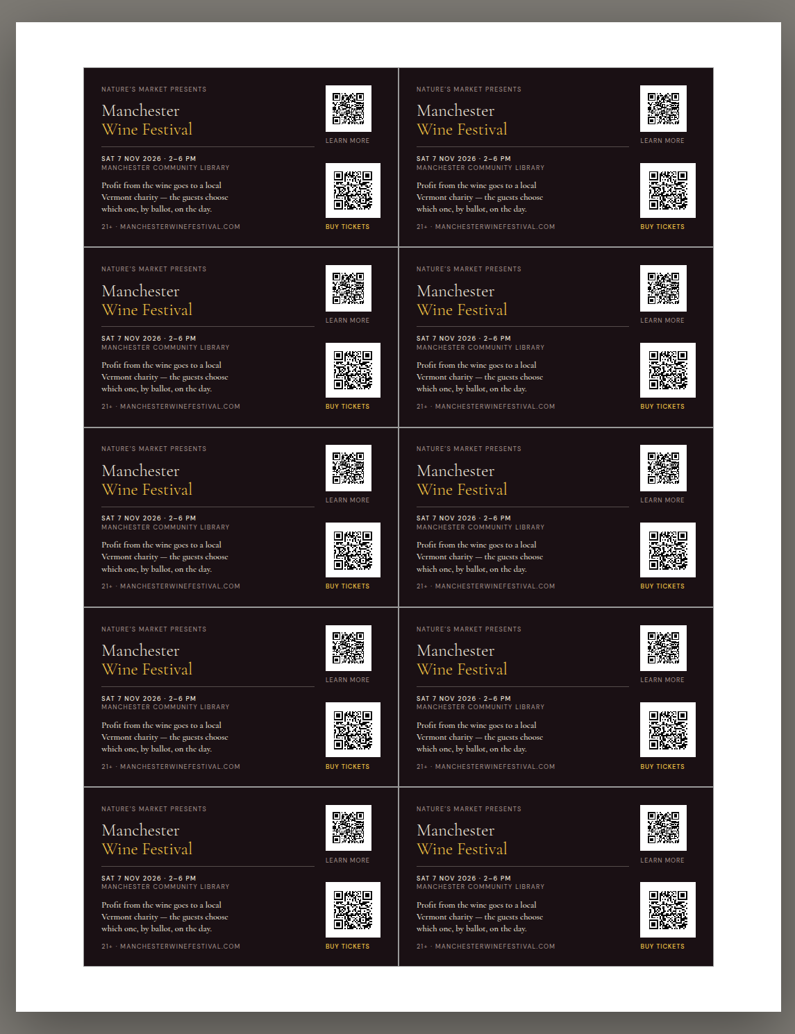 A Letter sheet of ten dark bag cards.