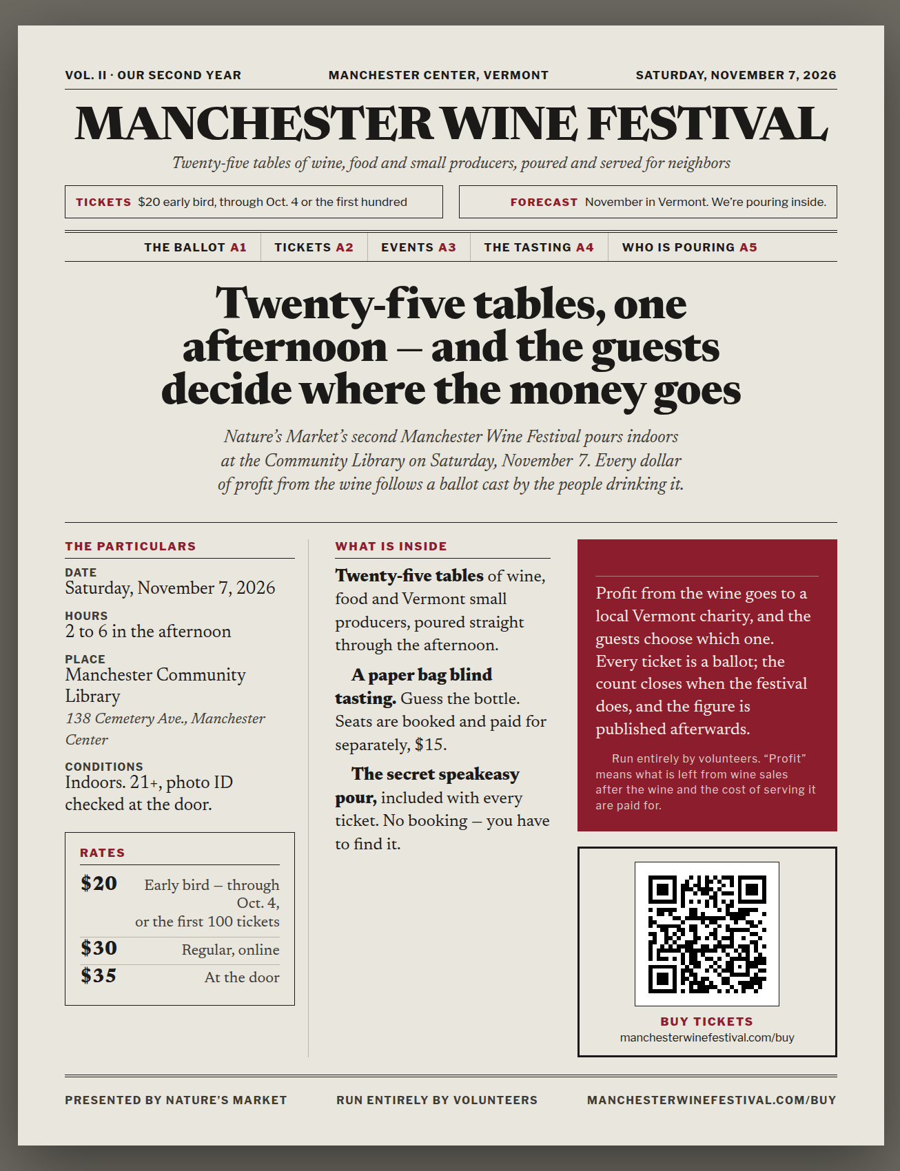 Newspaper-style poster with the nameplate across the top, a three-column front page, a red charity panel, a rates box and a QR code.
