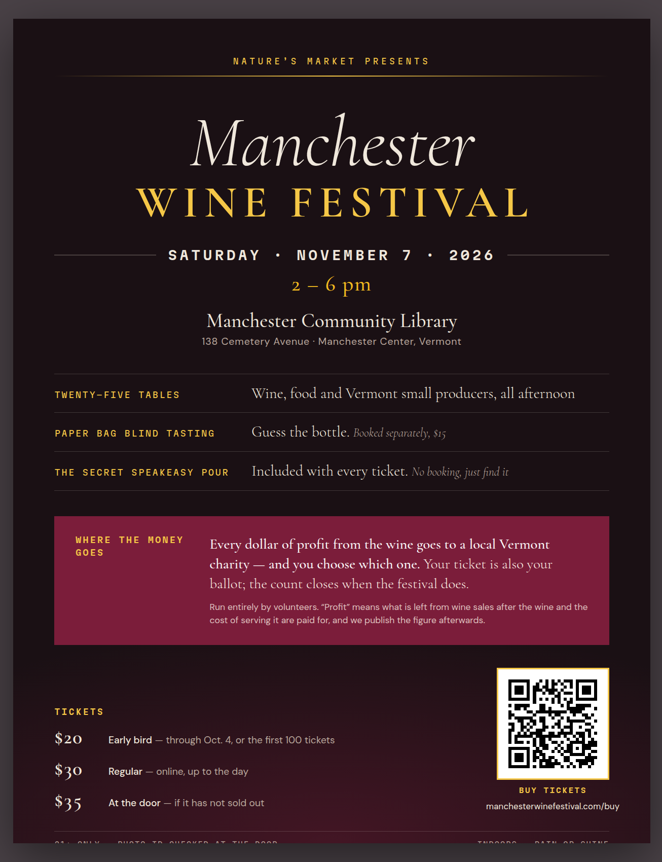 Dark poster with the festival name in cream italic and gold capitals, a burgundy charity panel, prices and a QR code.